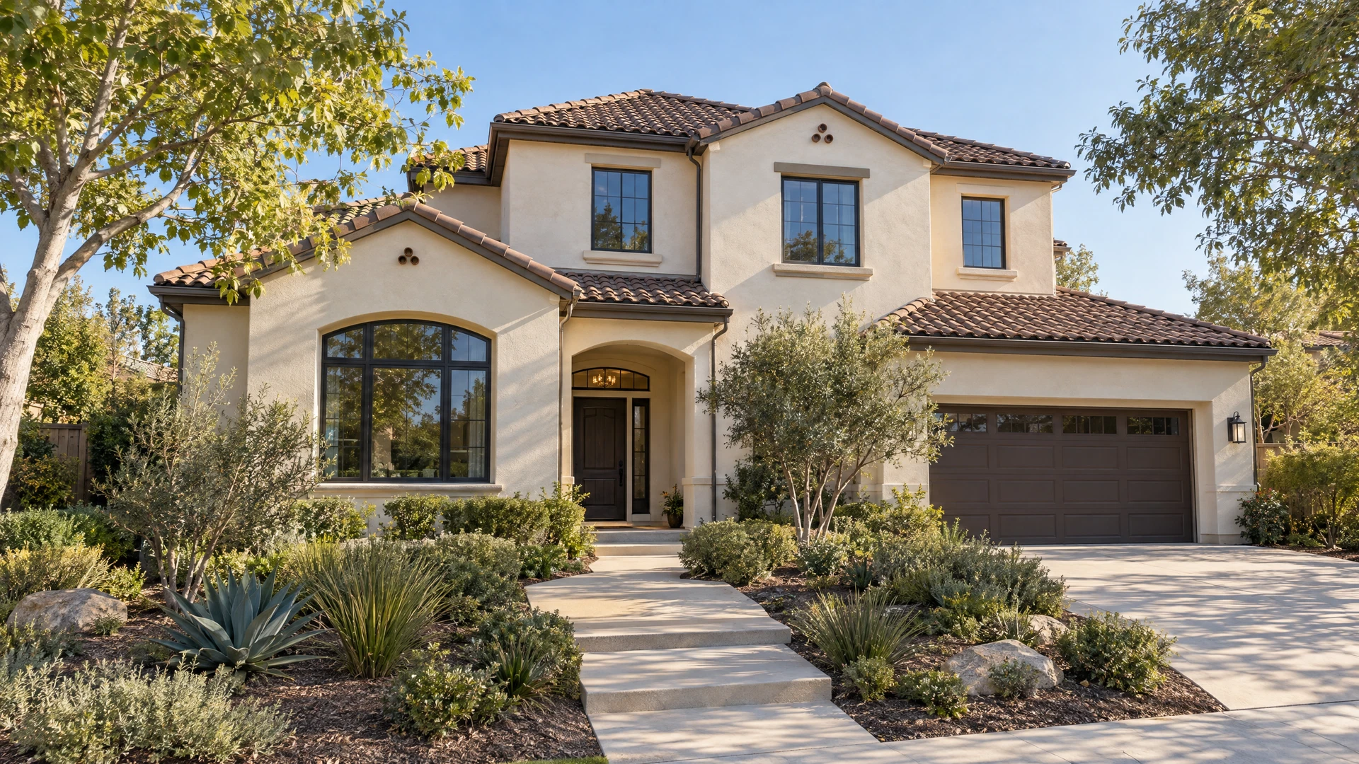 Illustrative Tracy-style two-story Central Valley home with tile roofing