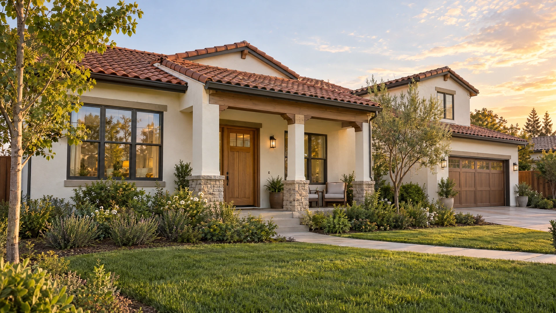 Illustrative Merced-style home with tile roofing and an inviting front porch
