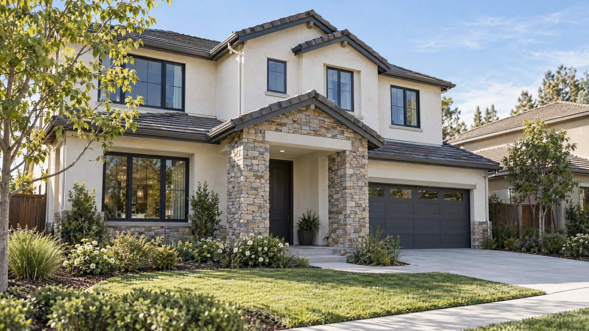 Illustrative Manteca-style suburban home with gabled tile rooflines