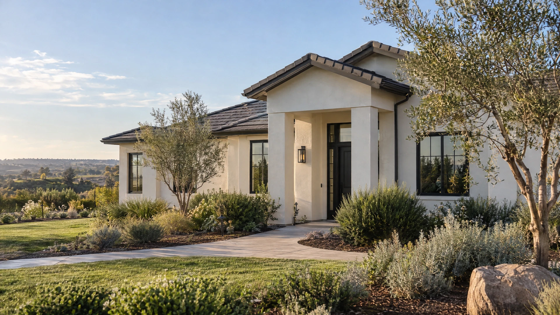 California ranch-style home with a detailed roofline and landscaped approach California ranch-style home with a detailed roofline and landscaped approach