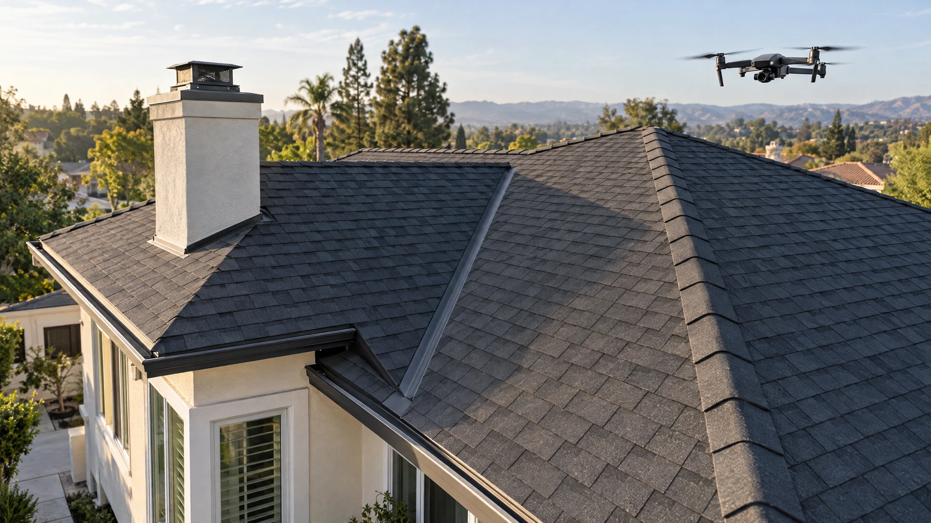Inspection drone above a steep residential roof with visible roof valleys