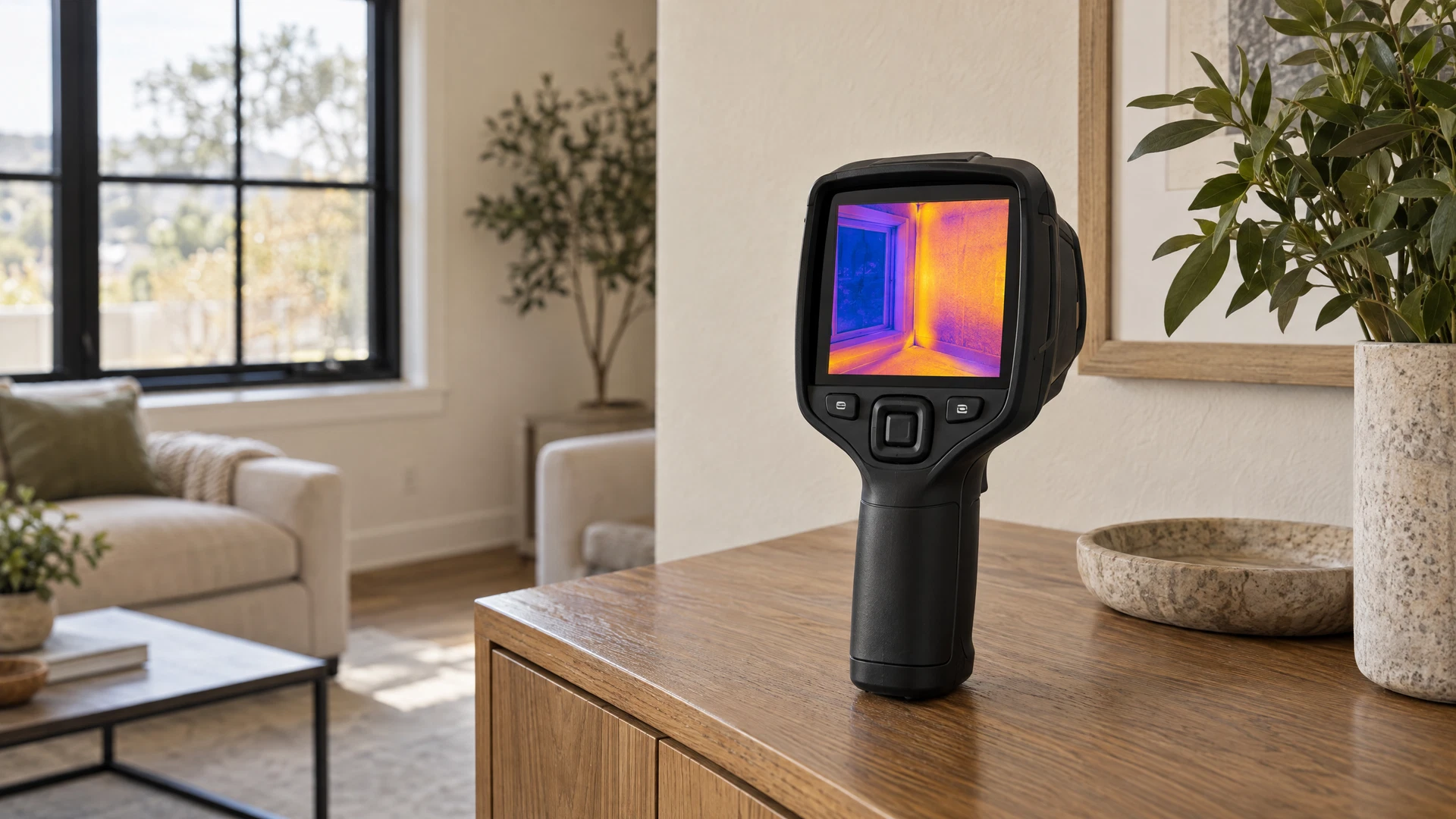 Infrared camera displaying a temperature-pattern image in a residential interior