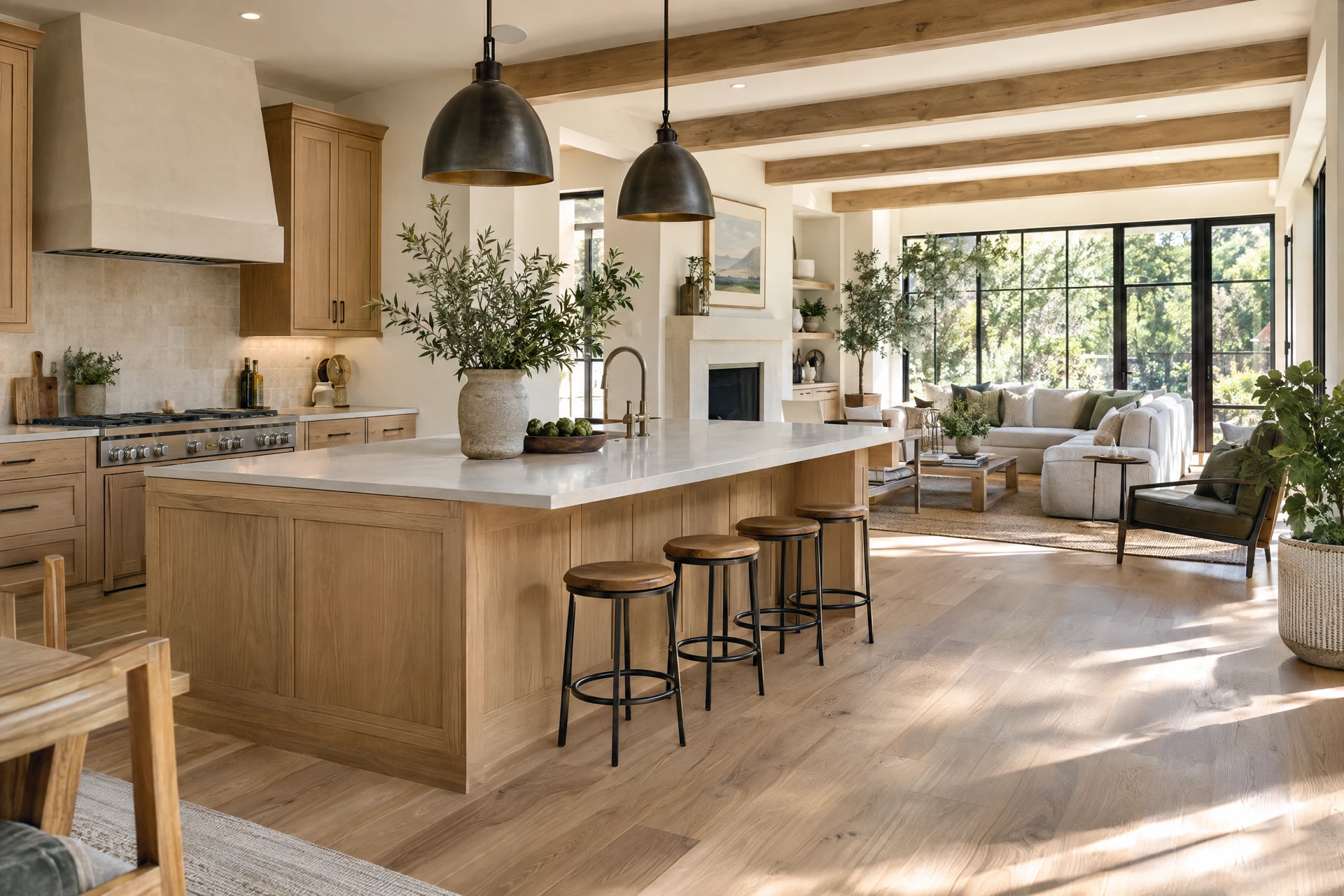 Bright residential kitchen with oak cabinetry and sunlit living spaces