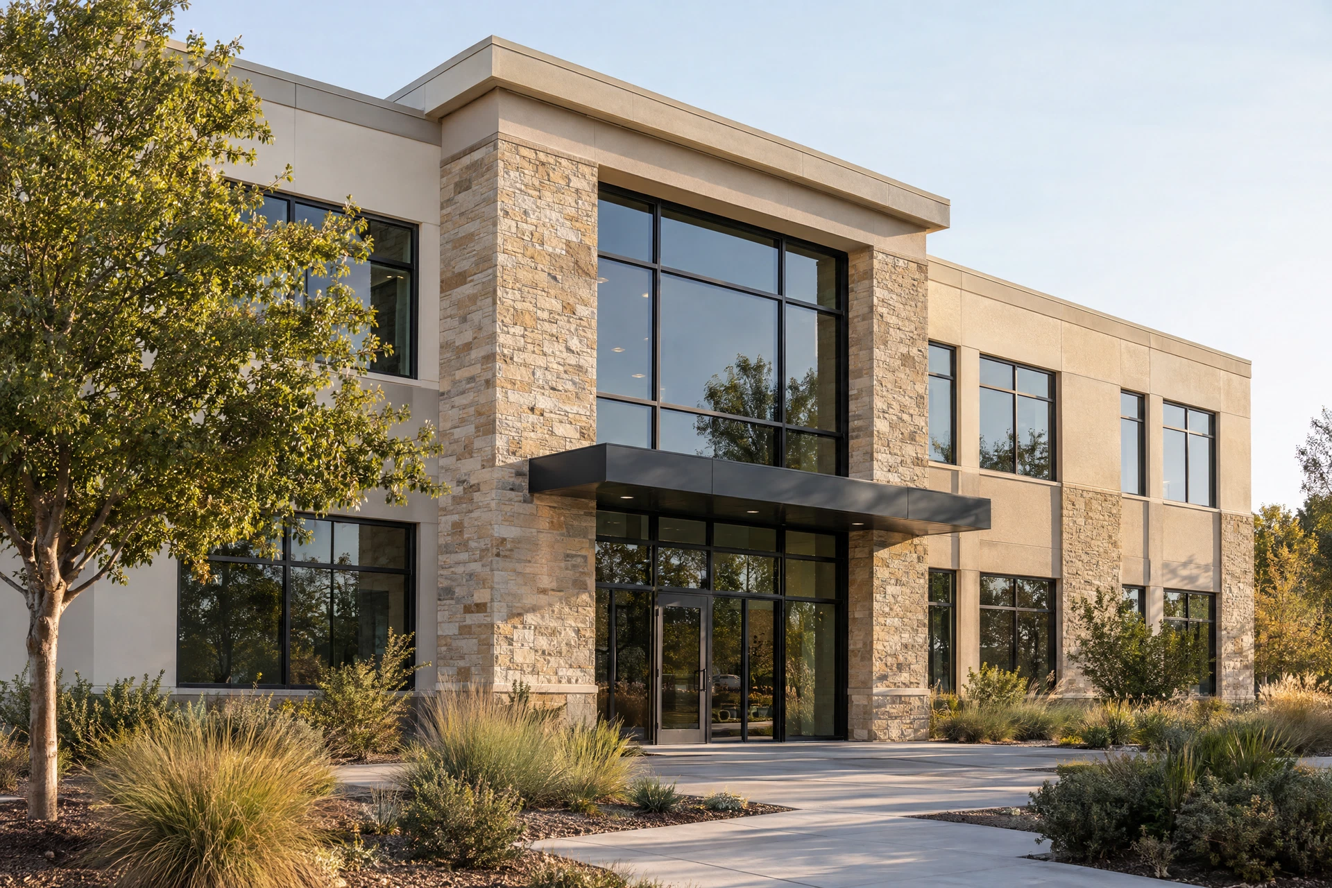 Well-maintained California professional office building with landscaped entrance