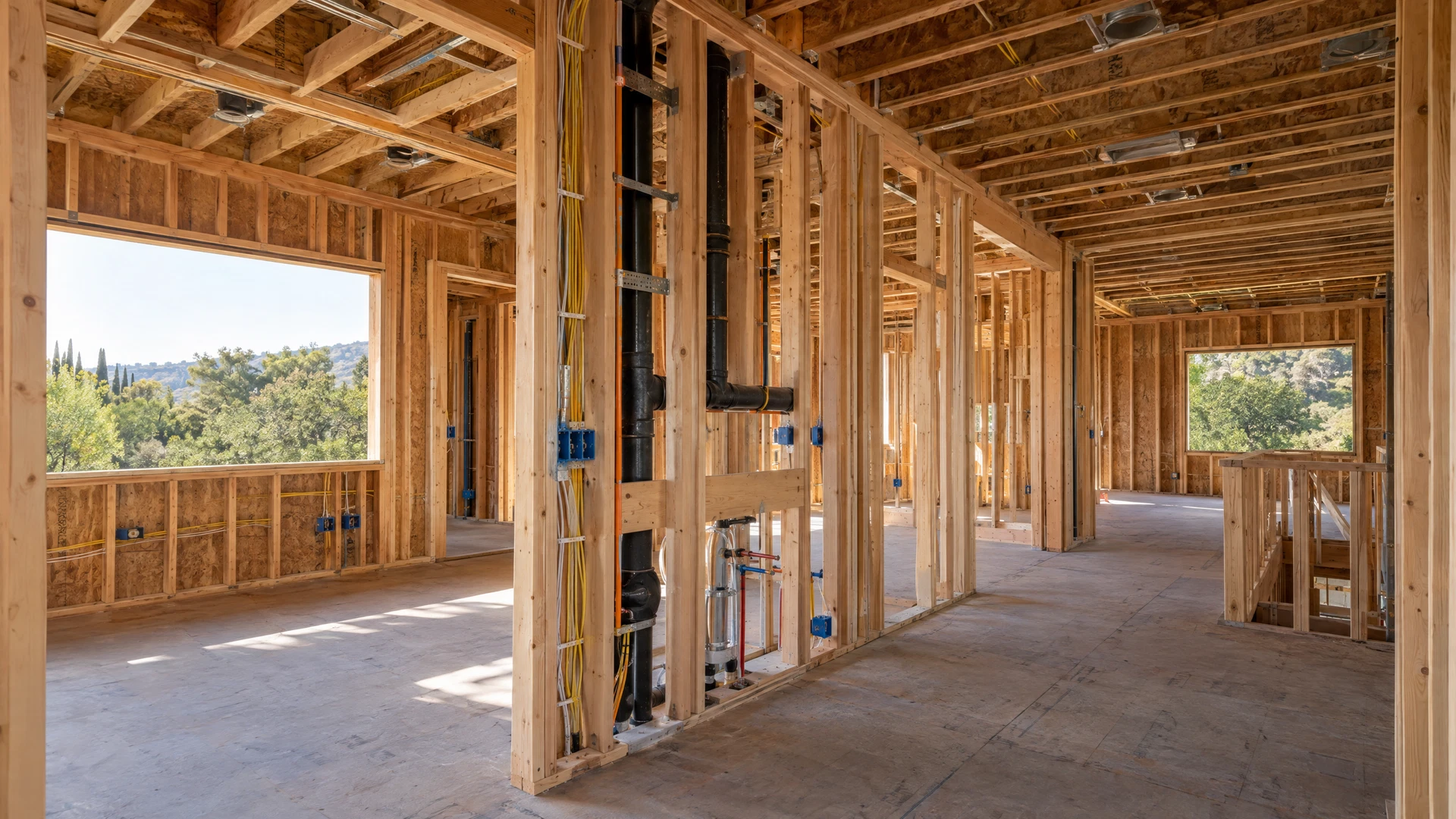 New home timber framing and visible systems before drywall installation
