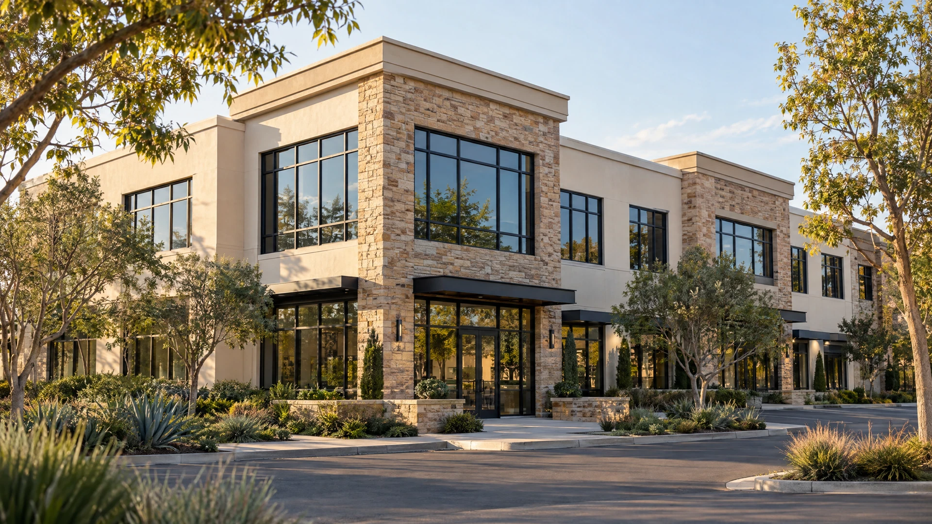 California-style professional commercial building with clear roof and exterior details
