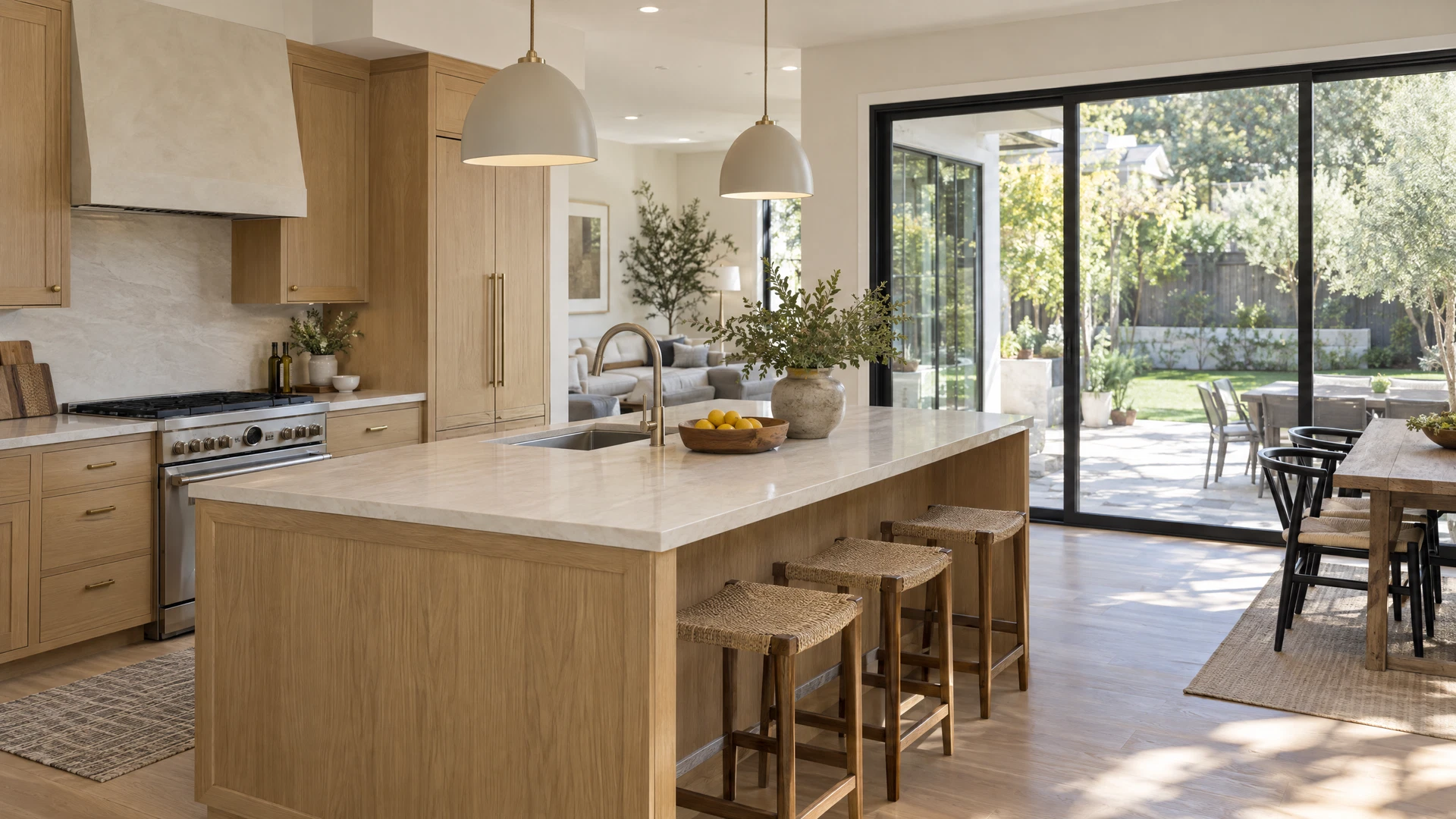 Newer home interior with detailed cabinetry, flooring and patio doors Newer home interior with detailed cabinetry, flooring and patio doors