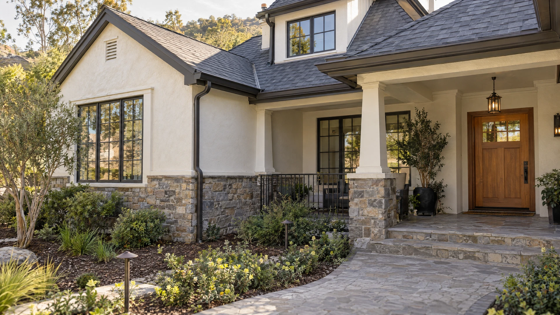 Detailed residential exterior showing roofing, walls, windows and foundation edges Detailed residential exterior showing roofing, walls, windows and foundation edges