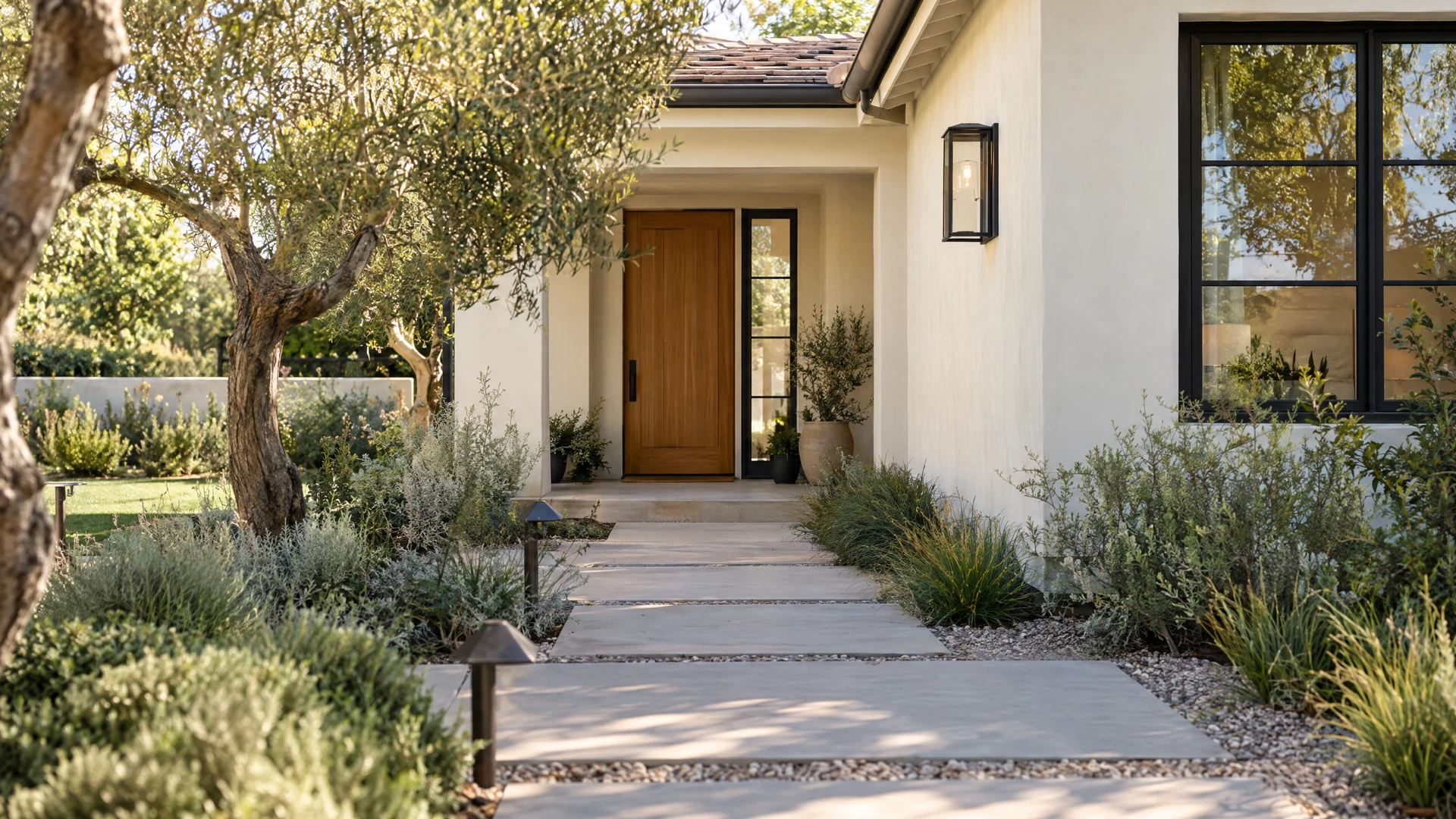 Welcoming front walkway leading to a California home's entrance
